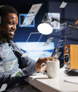 Business person using laptop multitasking to finish daily startup tasks, internet of things concept. Uses artificial intelligence optimization system for productivity, access pc smart things menu.