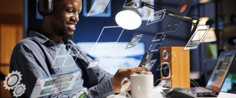 Business person using laptop multitasking to finish daily startup tasks, internet of things concept. Uses artificial intelligence optimization system for productivity, access pc smart things menu.