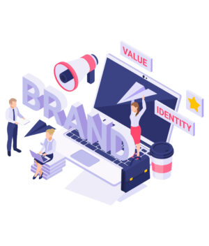 Isometric icon with people working on new brand strategy 3d vector illustration
