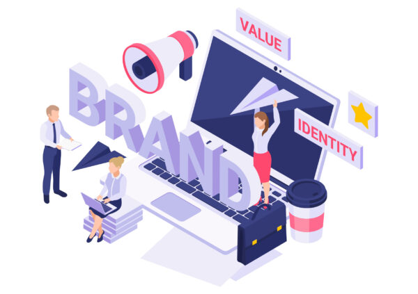 Isometric icon with people working on new brand strategy 3d vector illustration