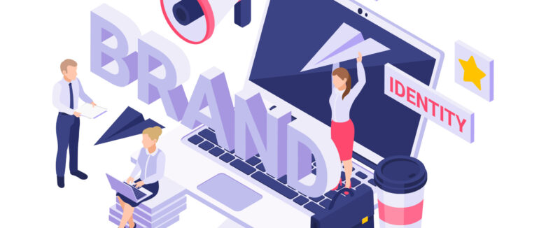 Isometric icon with people working on new brand strategy 3d vector illustration