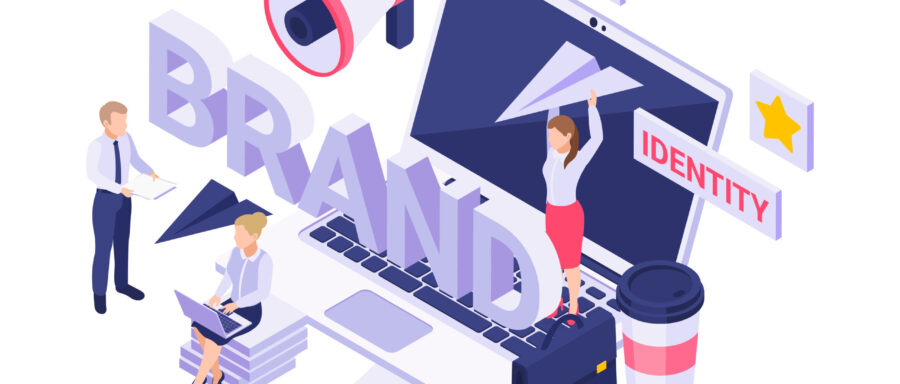 Isometric icon with people working on new brand strategy 3d vector illustration